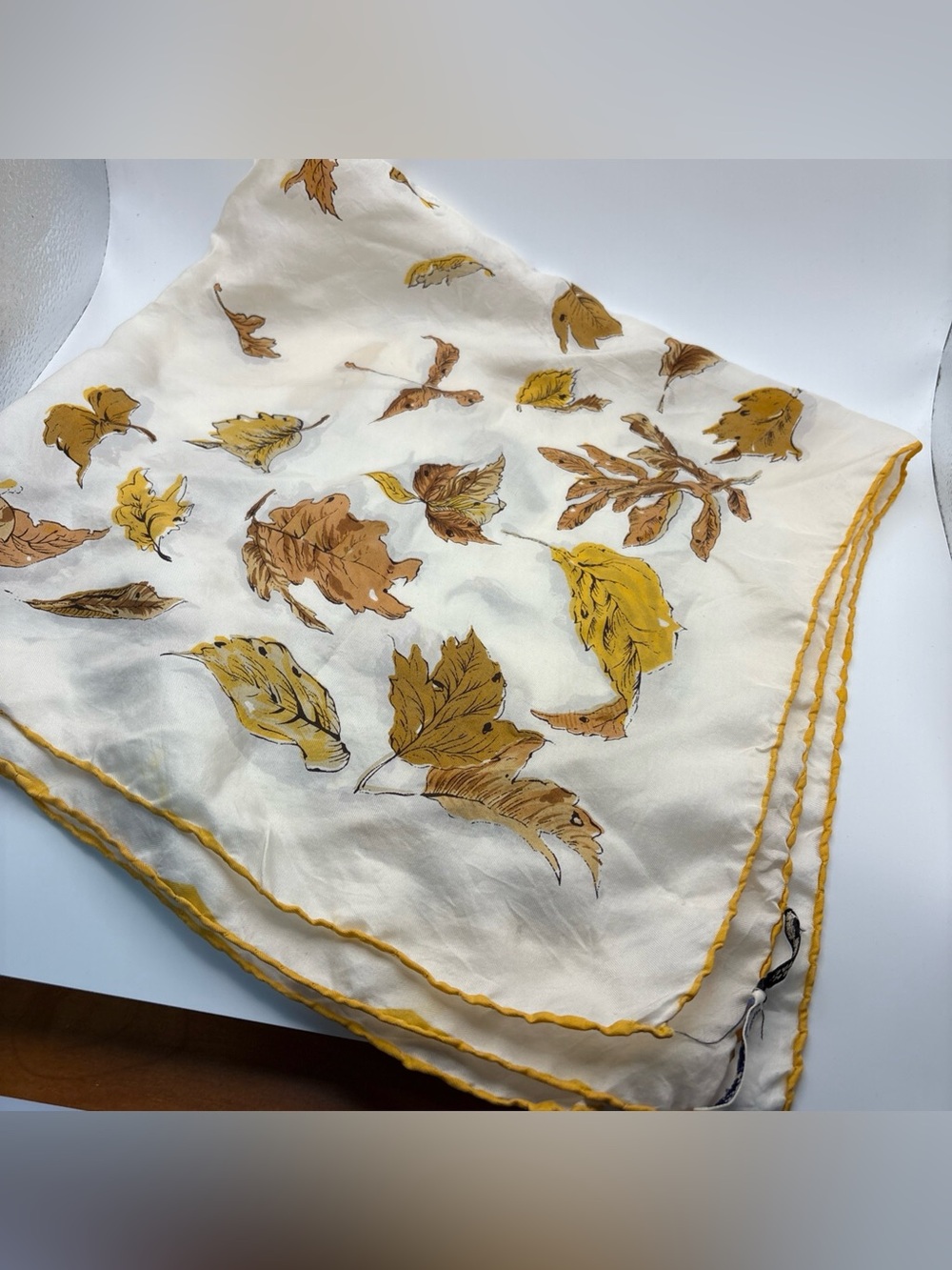 Vintage Silk Scarf White Gold Yellow Leaves, Rolled Edges Italy Alexander’s 26”